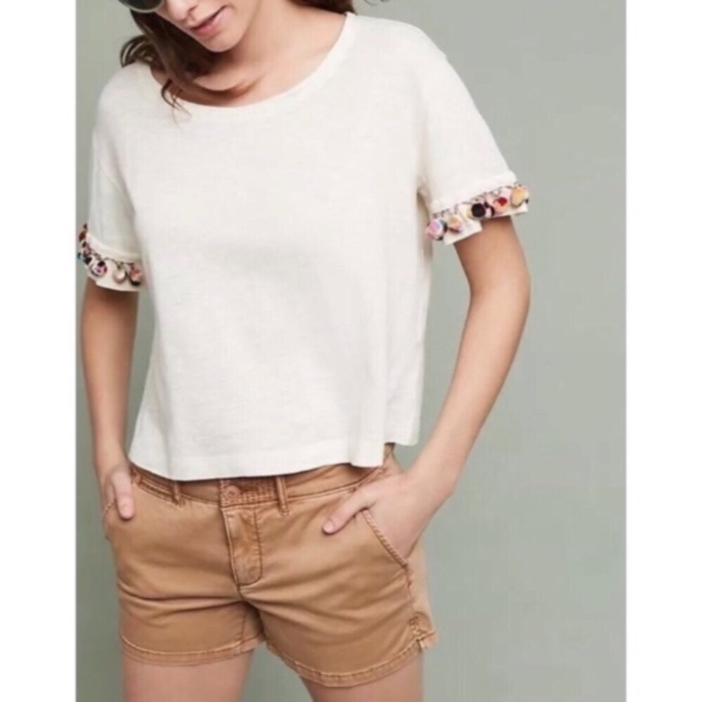 Anthropologie Lilka White Cropped Cotton Pommed Pom Pom Short Sleeve Tee EUC XS